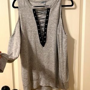 Gray, cold shoulder, oversize shirt.